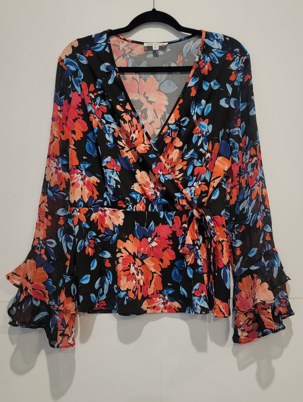Perseption Concept XL Floral Wrap Blouse Bell Ruffle Sleeve Tie Waist
